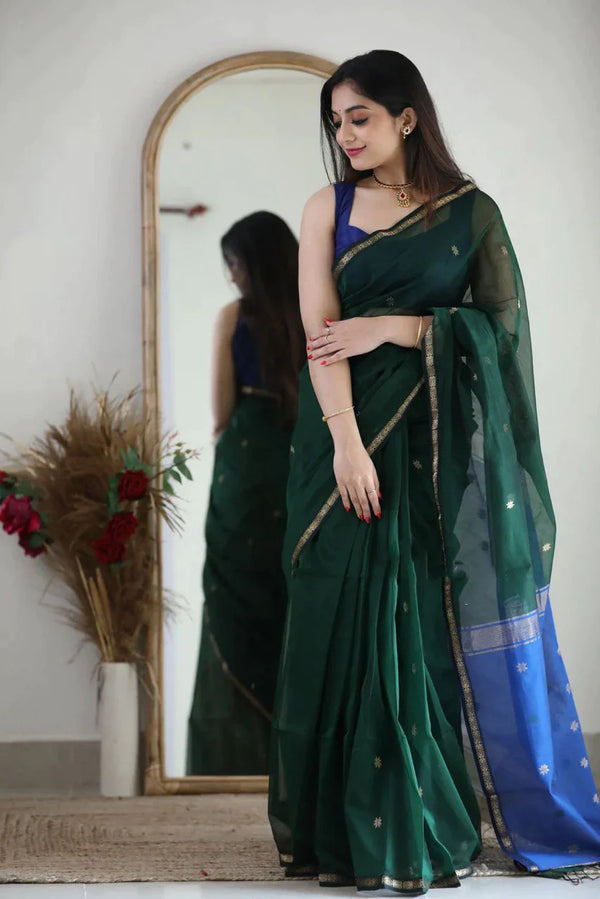 Flattering Green Cotton Silk Saree With Classy Blouse Piece