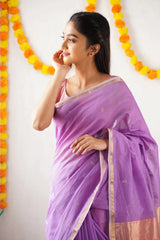 Gorgeous Lavendor Cotton Silk Saree With Sizzling Blouse Piece