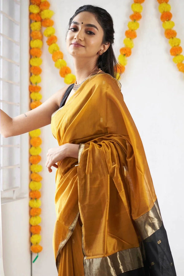 Lovely Mustard Cotton Silk Saree With Refreshing Blouse Piece