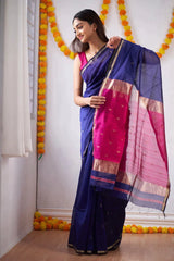 Sizzling Navy Blue Cotton Silk Saree With Mesmerising Blouse Piece