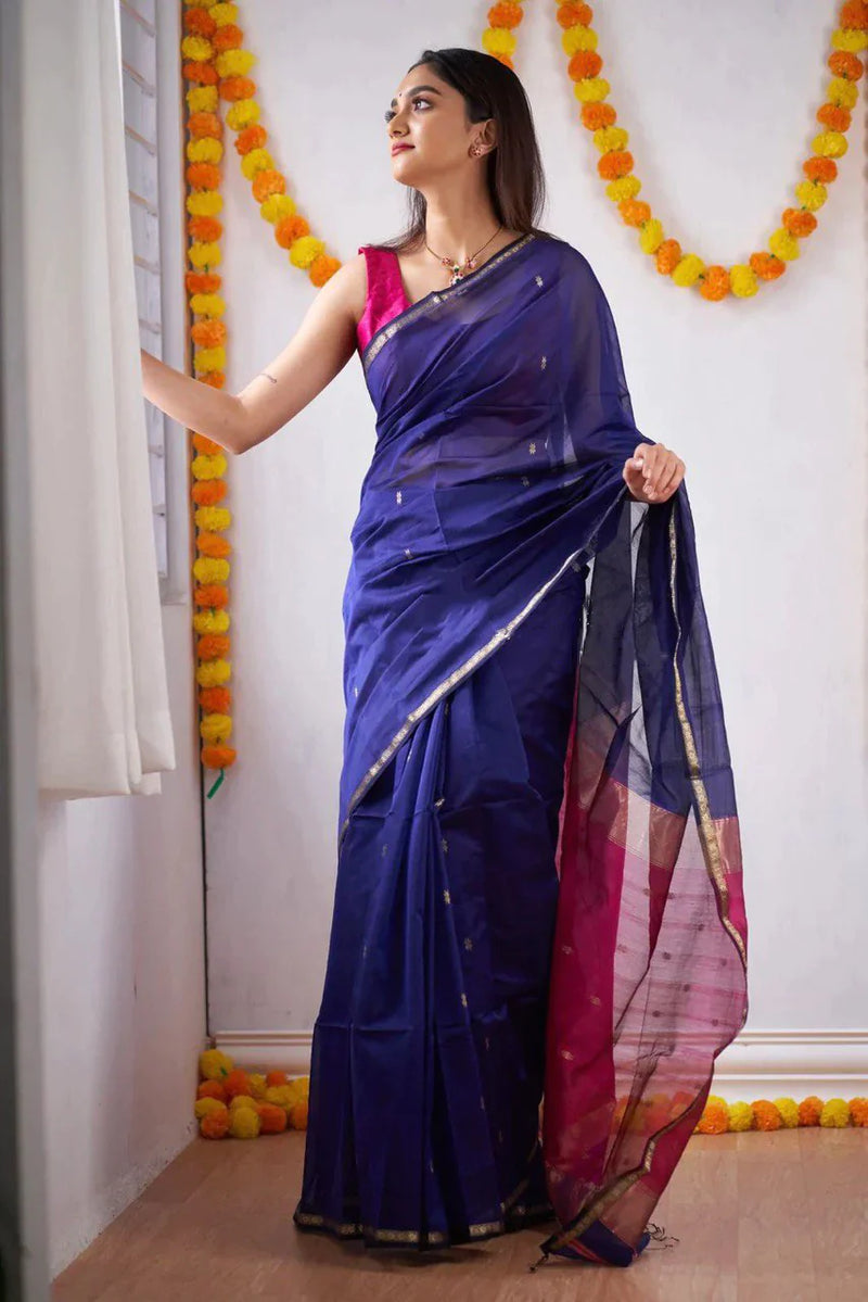 Sizzling Navy Blue Cotton Silk Saree With Mesmerising Blouse Piece