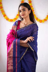 Sizzling Navy Blue Cotton Silk Saree With Mesmerising Blouse Piece