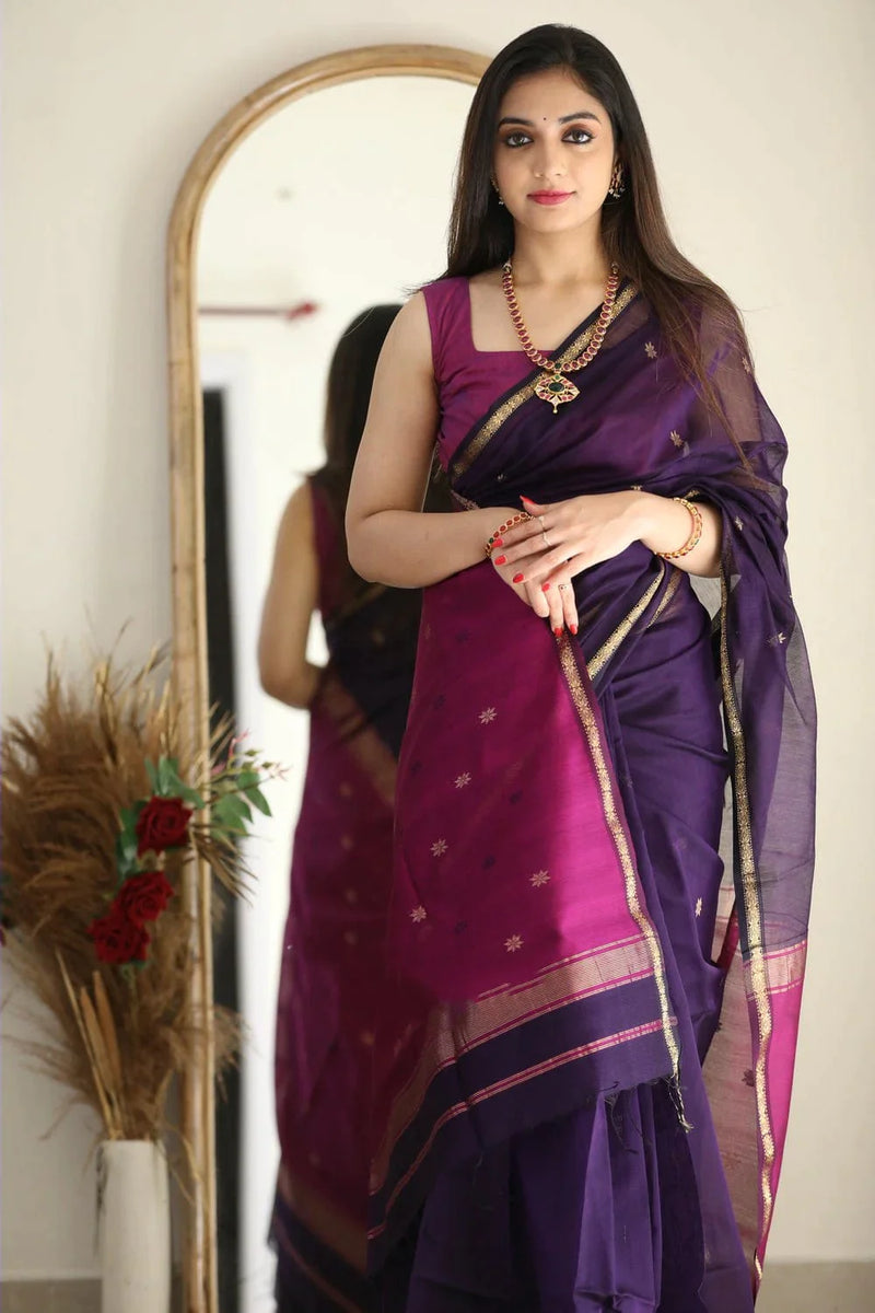 Flattering Purple Cotton Silk Saree With Extraordinary Blouse Piece