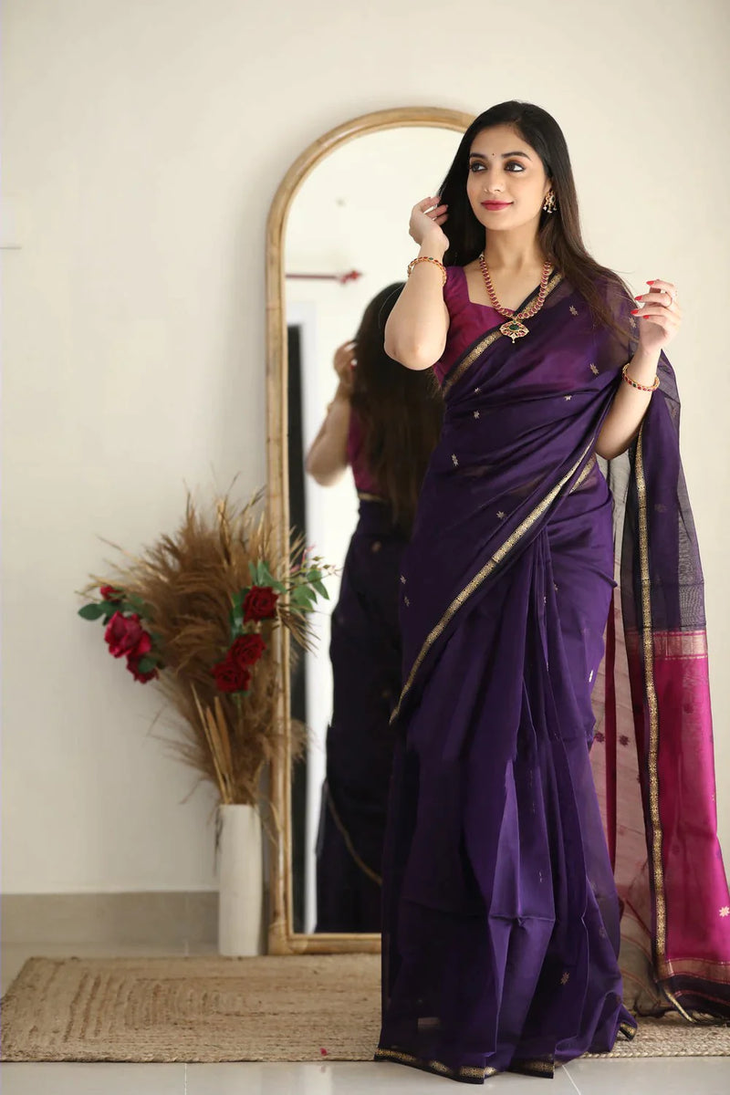 Flattering Purple Cotton Silk Saree With Extraordinary Blouse Piece