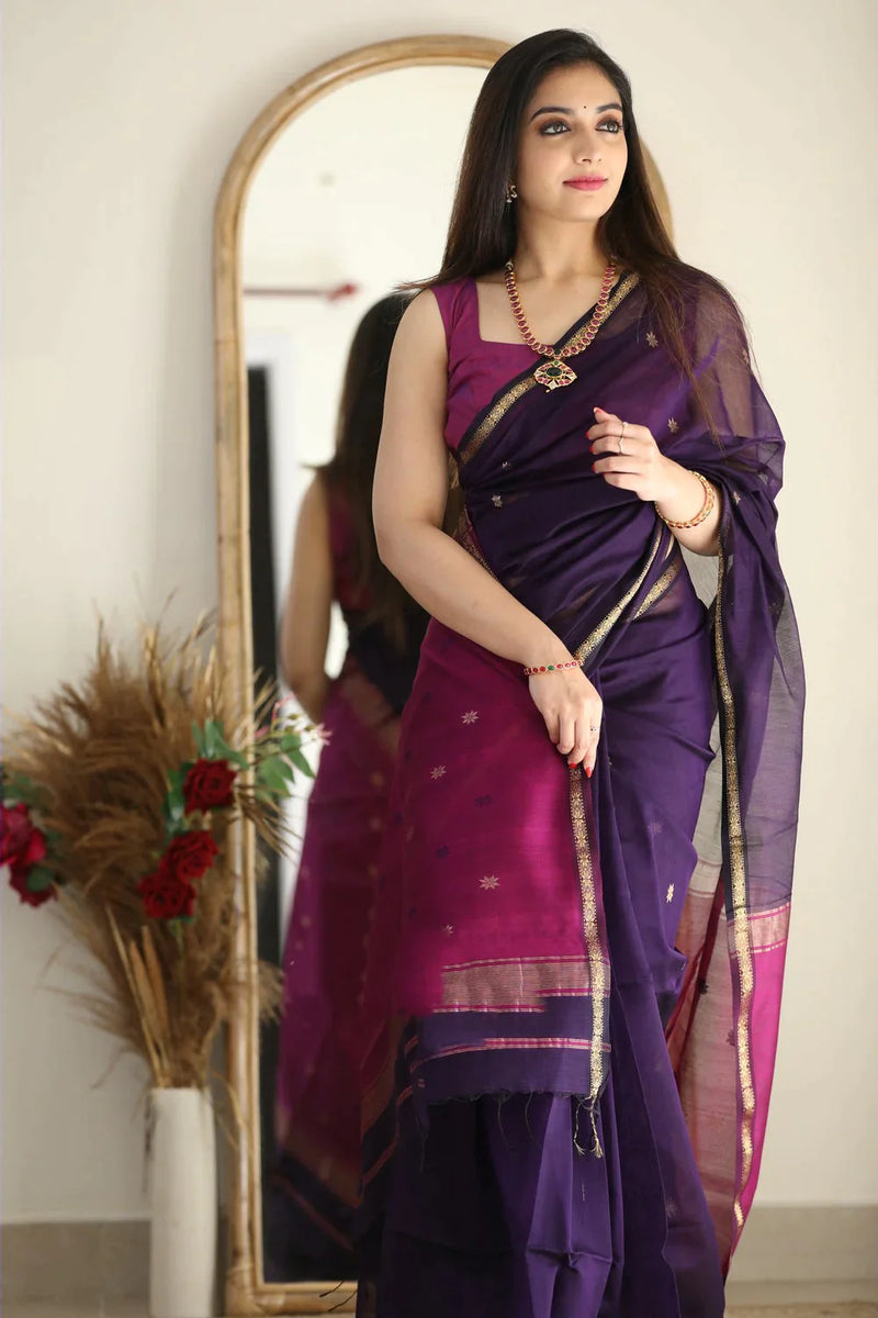 Flattering Purple Cotton Silk Saree With Extraordinary Blouse Piece