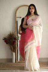 Outstanding White Cotton Silk Saree With Deserving Blouse Piece