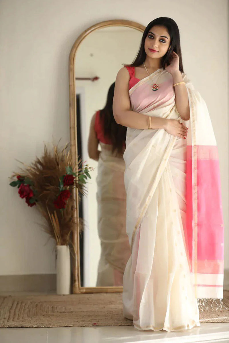 Outstanding White Cotton Silk Saree With Deserving Blouse Piece