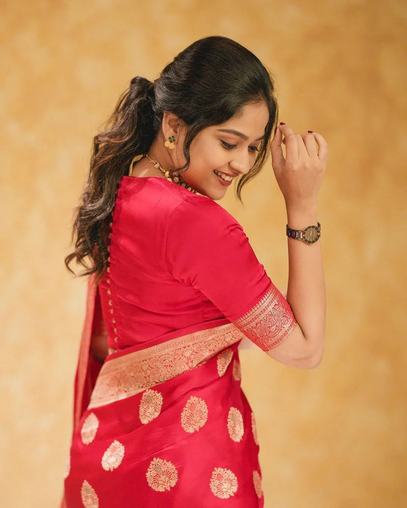 A glam Red Soft Silk Saree With Classic Blouse Piece