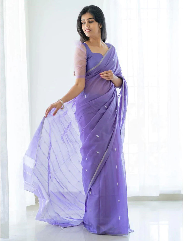 Magnetic Lavendor Cotton Silk Saree With Woebegone Blouse Piece