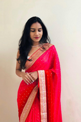 Reddish Georgette All Over Saree In Two Tone Color With Weaving Border