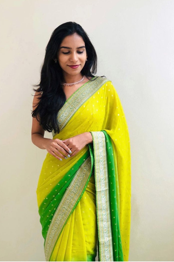 Lemon Heavy Georgette All Over Saree In Two Tone Color With Weaving Border