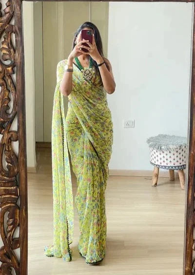 1 MIN READY TO WEAR SAREE IN IMPORTED BUTTI CHIFFON WITH HEAVY BLOUSE