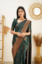 Green Banarasi Silk Saree With Royal Copper Border Pattu