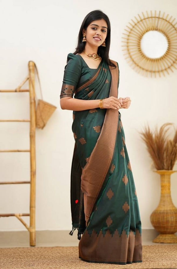 Green Banarasi Silk Saree With Royal Copper Border Pattu