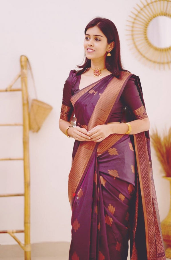 Magenta Banarasi Silk Saree With Royal Copper Border Pattu