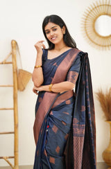 Nevy Blue Banarasi Silk Saree With Royal Copper Border Pattu