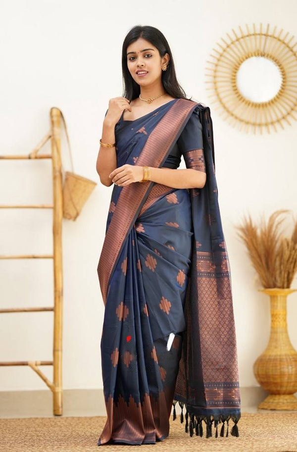 Nevy Blue Banarasi Silk Saree With Royal Copper Border Pattu