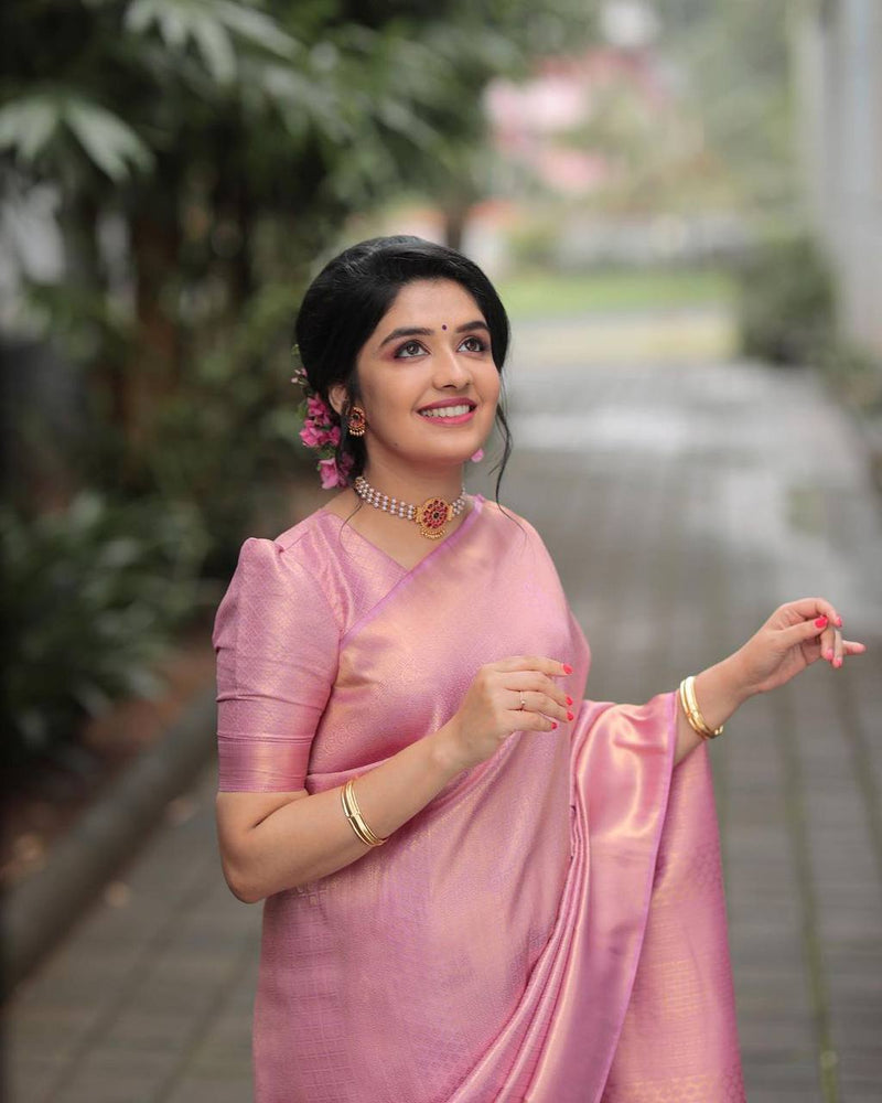 Rani pink chanderi silk saree with jhoomar motifs all over – Roots