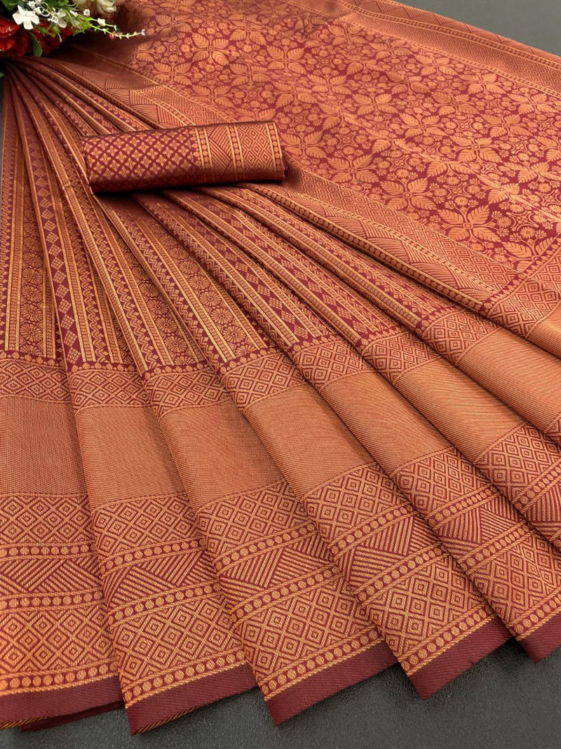 Stunning Pure Silk Maroon Saree With Copper Zari Weaving