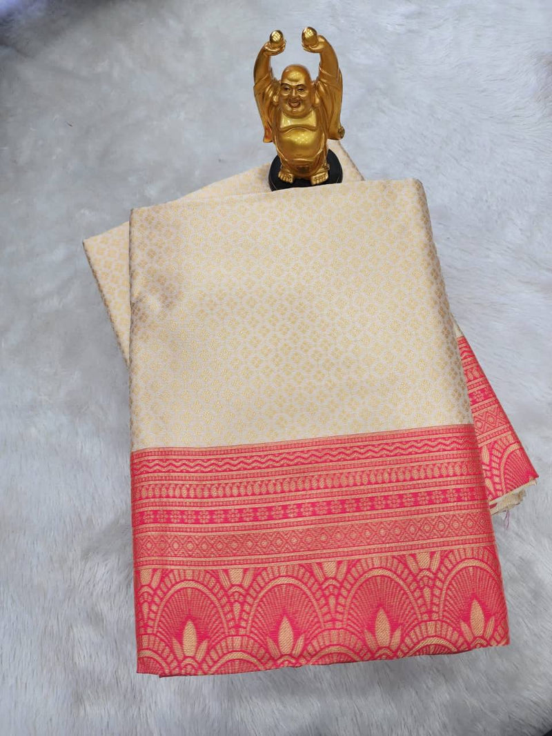 Off White Pure Banarasi Soft Silk Saree With Rich Pallu