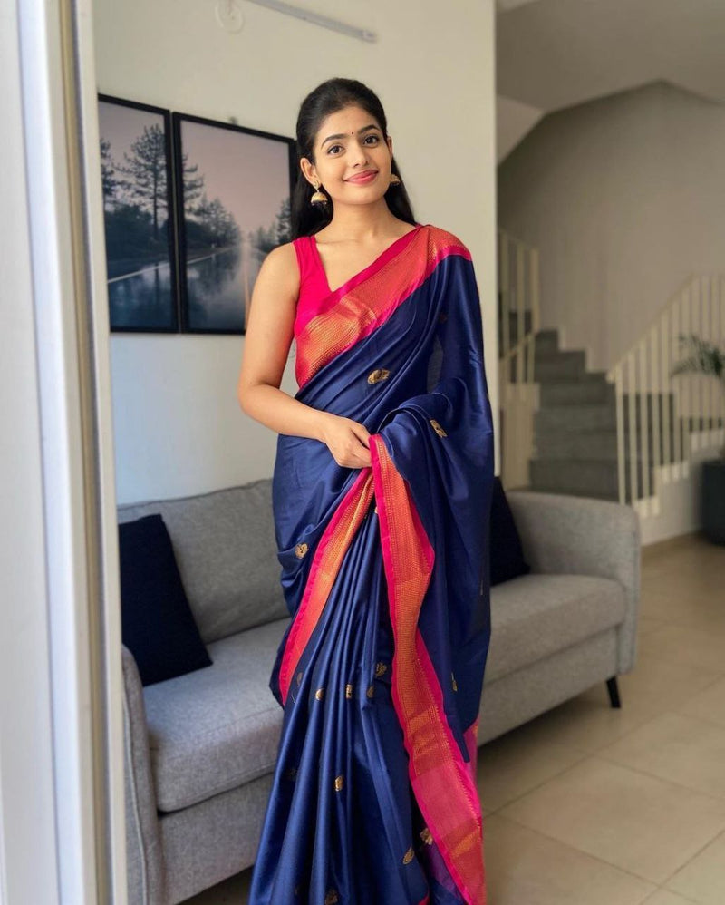 Pure Soft Silk Saree in nevy blue and pink color