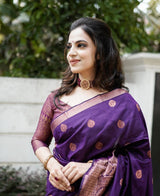 Stunning Violet Pure Soft Silk Saree With Copper Zari Weaving