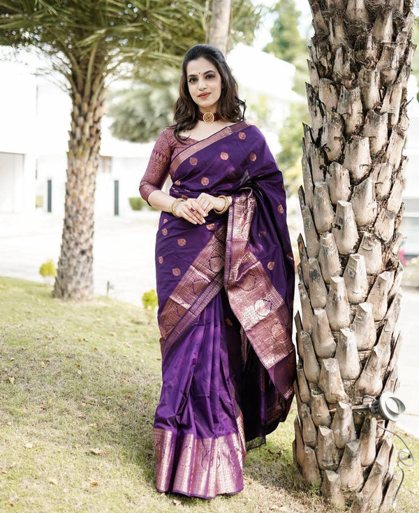 Stunning Violet Pure Soft Silk Saree With Copper Zari Weaving