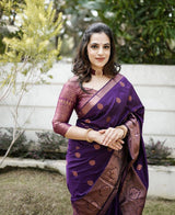 Stunning Violet Pure Soft Silk Saree With Copper Zari Weaving