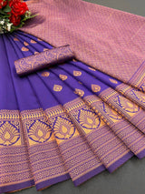 Stunning Violet Pure Soft Silk Saree With Copper Zari Weaving