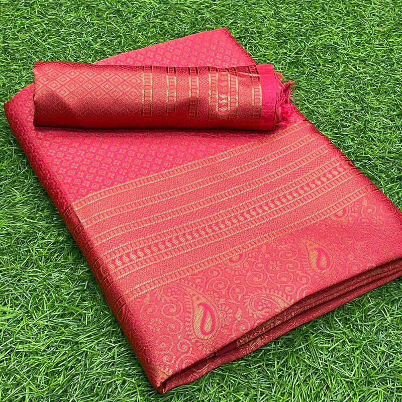 Tometo Red Kanjivaram Silk Saree With Copper Zari Weaving