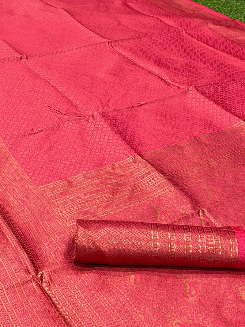 Tometo Red Kanjivaram Silk Saree With Copper Zari Weaving