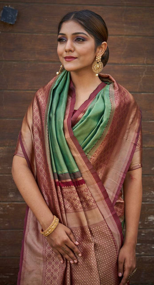 Pure Bottle Green Banarasi Silk Saree With Maroon Color Blouse