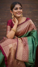 Pure Bottle Green Banarasi Silk Saree With Maroon Color Blouse