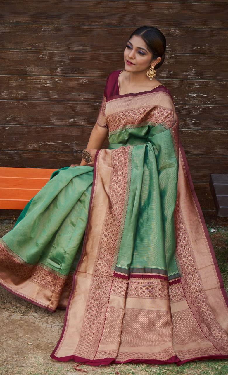 Pure Bottle Green Banarasi Silk Saree With Maroon Color Blouse