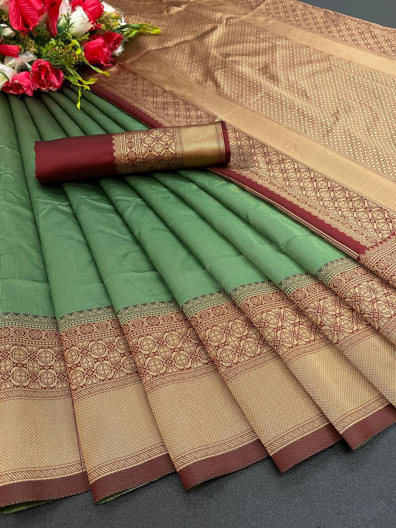 Pure Bottle Green Banarasi Silk Saree With Maroon Color Blouse