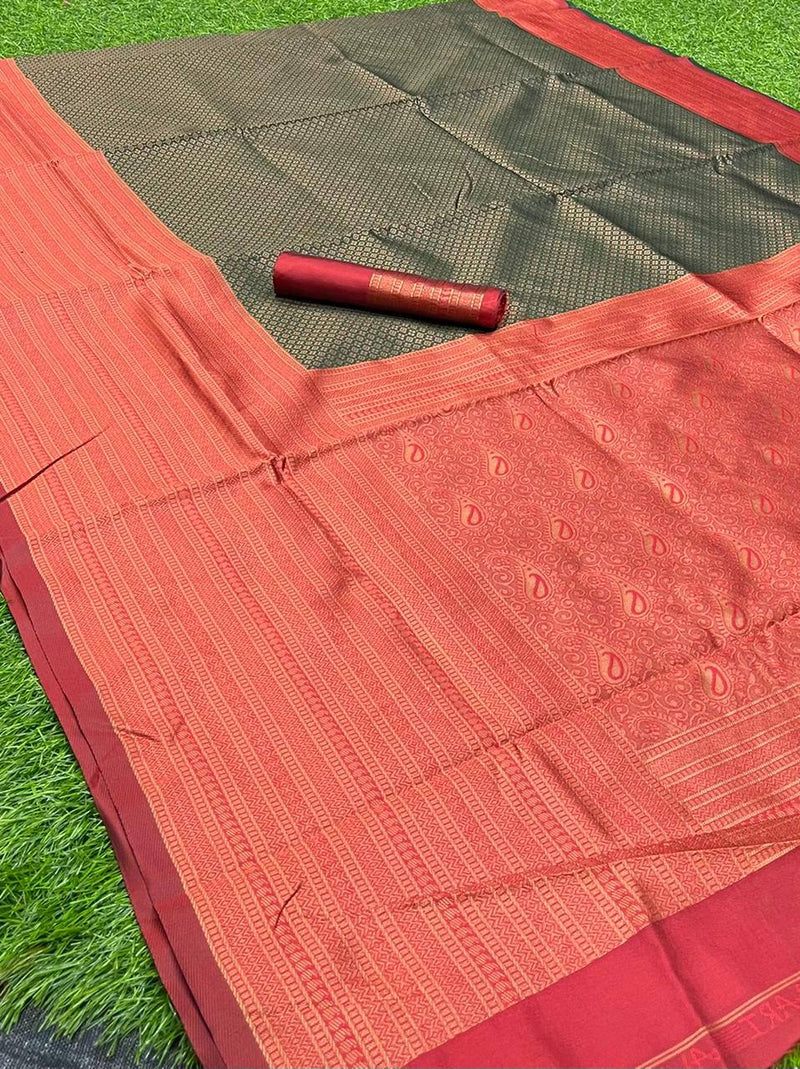 Jerry Green Kanjivaram Silk Saree Saree With Royal Copper Border Pattu