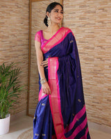 Navy Blue With Pink Broder & Blouse Weaved With Golden Zari