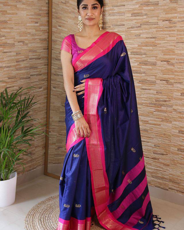 Pastel Pink Kanjeevaram Silk Saree With Navy Blue Border