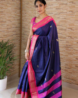 Navy Blue With Pink Broder & Blouse Weaved With Golden Zari