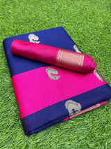 Navy Blue With Pink Broder & Blouse Weaved With Golden Zari