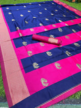 Navy Blue With Pink Broder & Blouse Weaved With Golden Zari