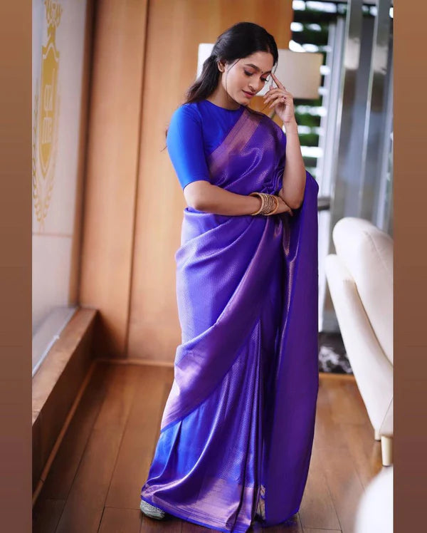 Kanjivaram Silk Saree in Royal Blue Color With Handwoven Copper Zari Weaves