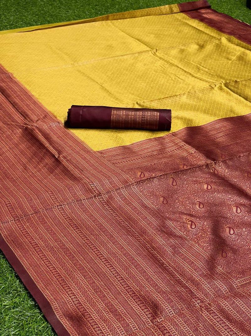 Lemon Yellow Kanjivaram Saree With Maroon Border and Heavy Brocade Blouse