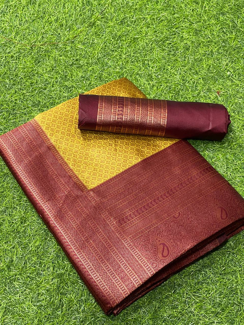 Lemon Yellow Kanjivaram Saree With Maroon Border and Heavy Brocade Blouse