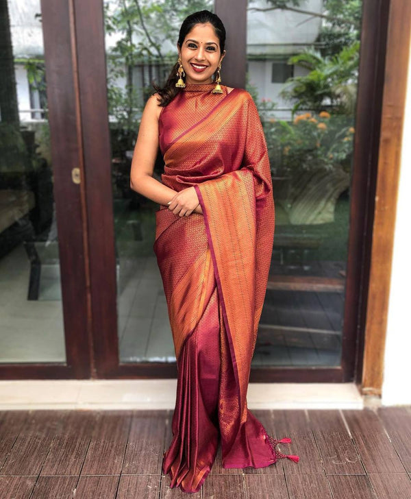 Premium Maroon Kanjivaram Saree With Copper Zari Weaving