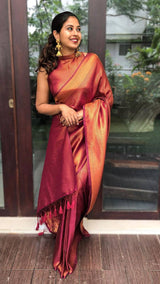 Premium Maroon Kanjivaram Saree With Copper Zari Weaving