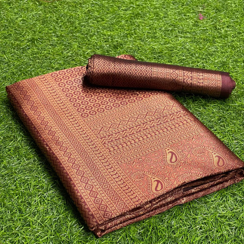 Premium Maroon Kanjivaram Saree With Copper Zari Weaving