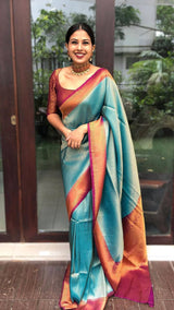 Pure Rama Kanjivaram Silk Saree With Copper Zari Border