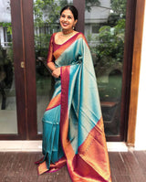 Pure Rama Kanjivaram Silk Saree With Copper Zari Border