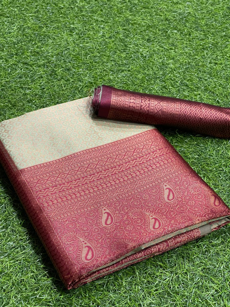 Greenish With Maroon Colour Border Weaved With Copper Zari